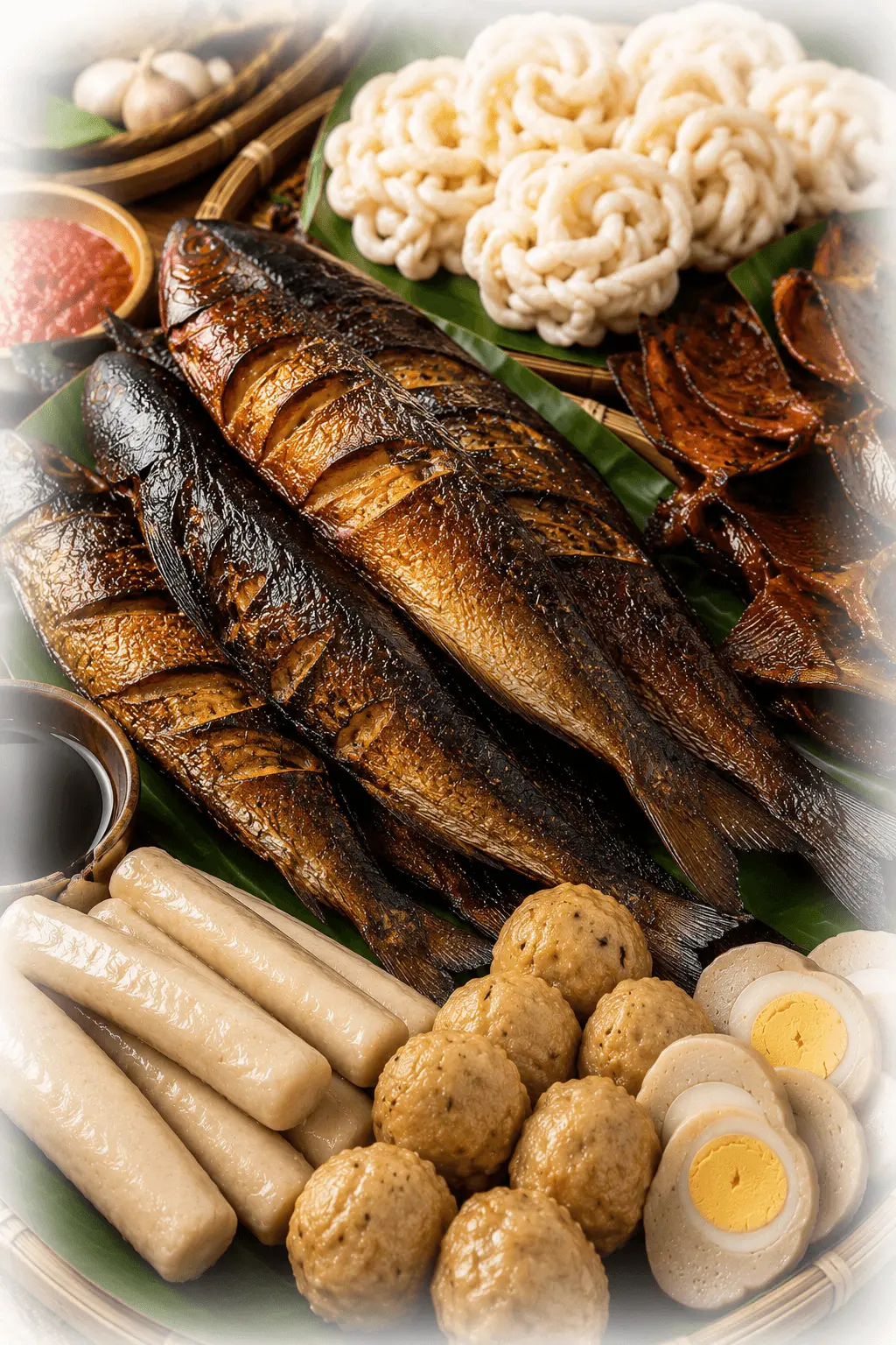 Aneka kuliner khas Palembang: ikan asap, kerupuk, dan pempek
